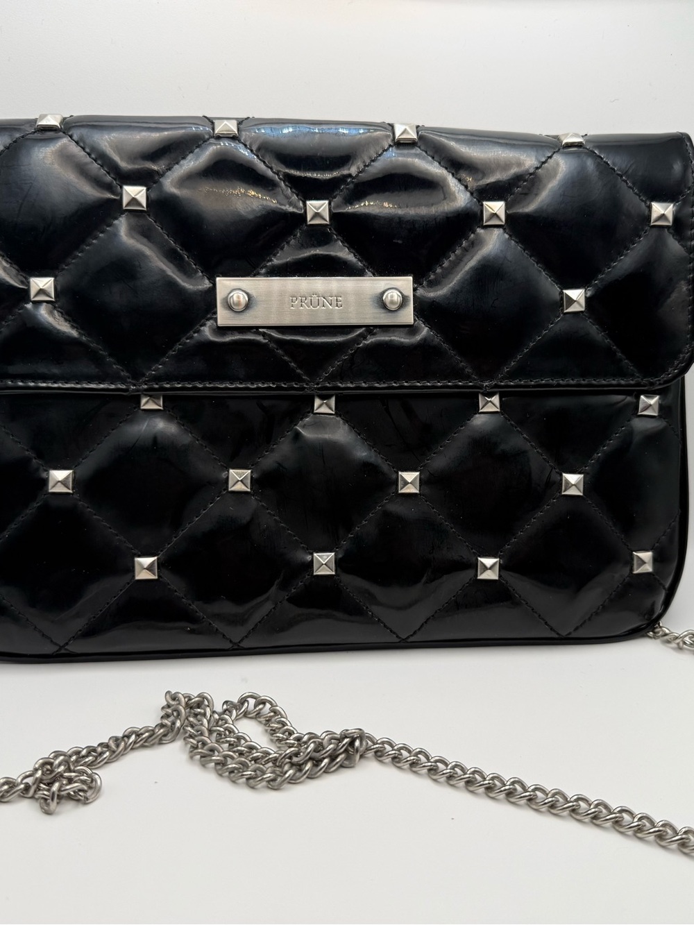 Prune Black Leather Quilted Studded Crossbody with chain strap, Punk, Goth, Rock
